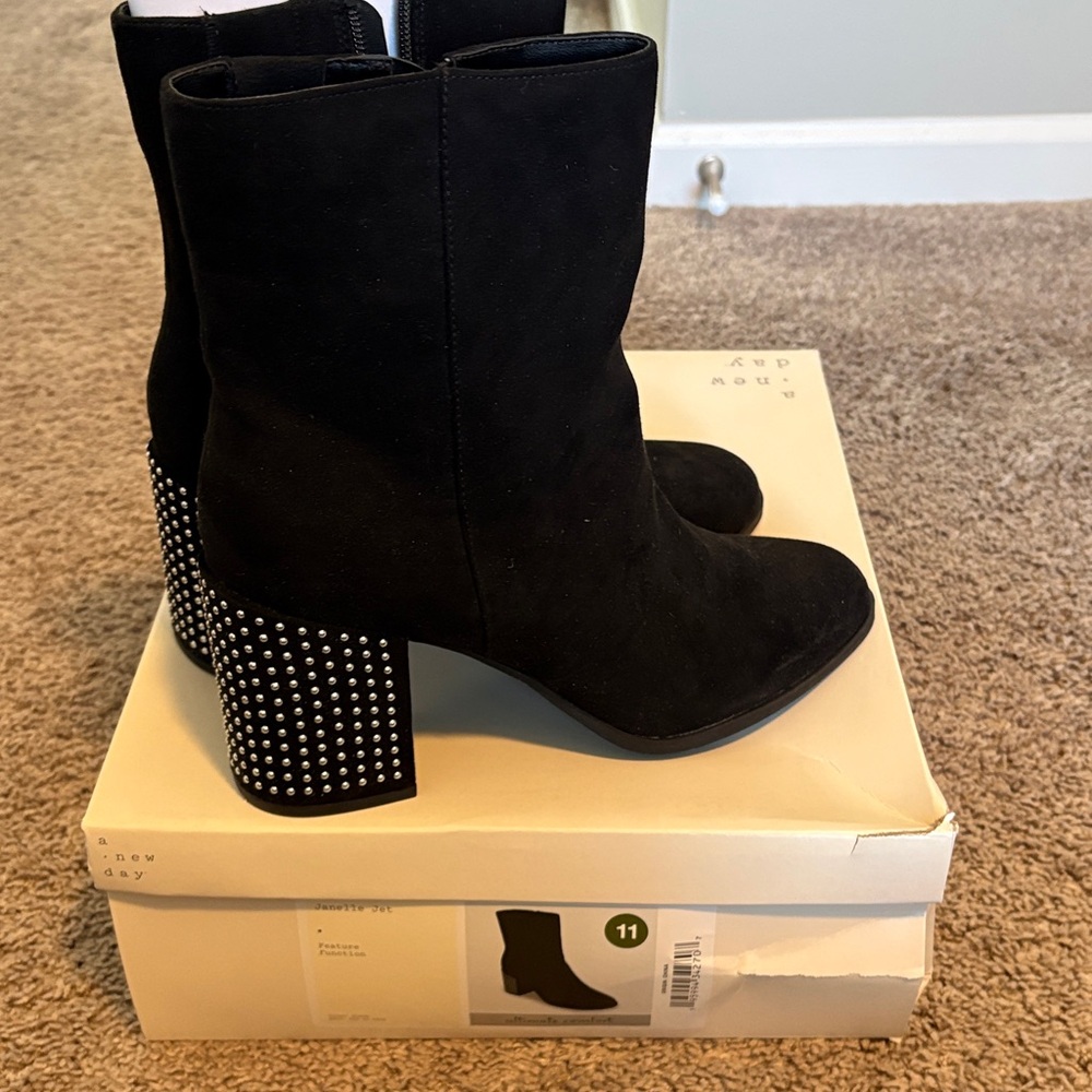 Elegant Black Studded Heel Ankle Boots